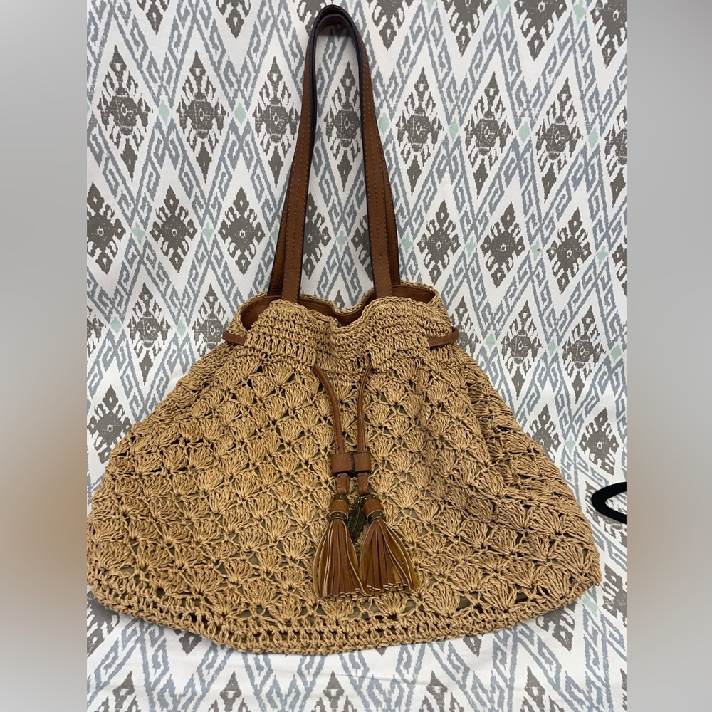 Jessica Simpson Luann Tan with Brown Drawstring Charms Tassle Satchel Tote